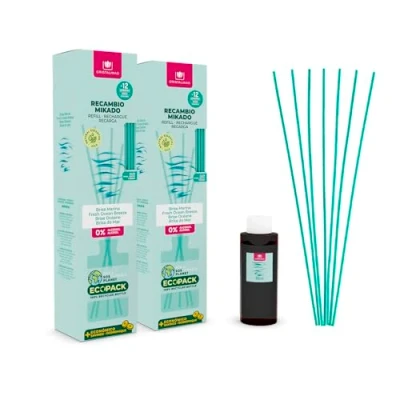 Imagen de CRISTALINAS Pack 2 Recambio Ambientador Hogar Mikado + Cañas Aroma Brisa Marina Ideal para casa y oficina 100% Puro Larga Duración 12 Semanas 85ml 0% Alcohol