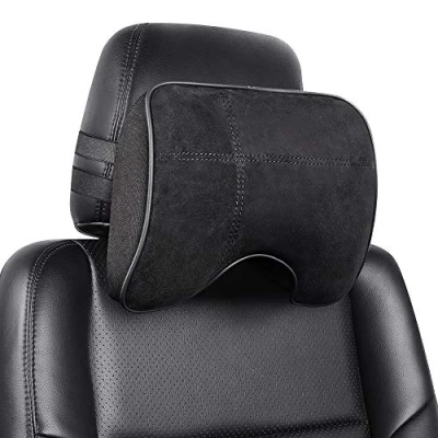 Imagen de EASY EAGLE Cojín Reposacabezas Coche, Cuero de Gamuza + Espuma Memoria Almohada para Cuello Asiento del Coche Negro (1 pieza)