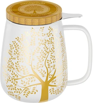 Imagen de amapodo Taza de Té con Tapa y Colador Porcelana Grande 600ml Jumbo Juego Tazas XXL Blanco sin plástico