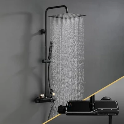 Imagen de Görbach Columna de Ducha con Rubinetto Termostatico acero inoxidable 304, Negro Set Grifo Barra Altura Ajustable cabezal mezclador (20x20cm cuadrado)