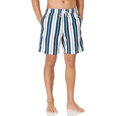 Imagen de Amazon Essentials Bañador con 23 cm de Pernera, Corte Holgado y Secado Rápido colores interrumpidos Hombre, Cian Oscuro Rayas Verticales, M