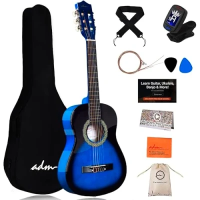 Imagen de ADM Kit de guitarra clásica 1/2 para niños, juego junior 34 pulgadas principiantes con bolsa concierto, afinador clip, correa, púas, cuerdas adicionales,