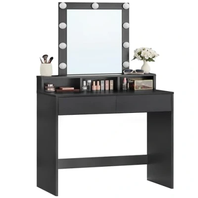 Imagen de VASAGLE Tocador, Luces LED con Brillo Ajustable, Mesa de Maquillaje Espejo, 2 Cajones y 3 Compartimentos, Moderno, Negro RDT114T16