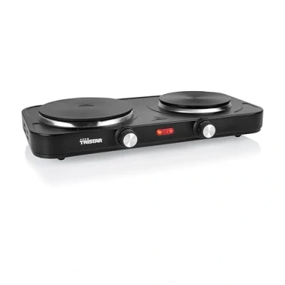 Imagen de Placa de cocina pórtatil Tristar Doble quemador Para alojamiento estudiantes, camping, americana 15,5 y 18,5 cm diámetro Termostato regulable 2 500 W KP 6152