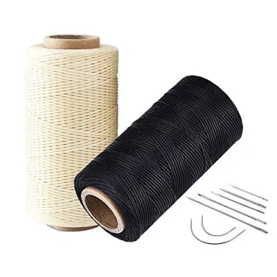 Imagen de cuero encerado plano de 260 m 0,8 mm 150D con 1 juego 7 agujas curvadas para tapicer¨ªa y costura rosca encerada, 2pcs(Beige+Black)