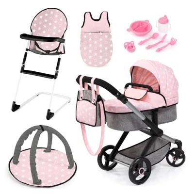 Imagen de Bayer Design 17030AB Cochecito de muñeca XEO, Convertible, Regulable en Altura, Trona para muñeco bebé, Bolsa, Saco Dormir, Gimnasio Actividades, Accesorios