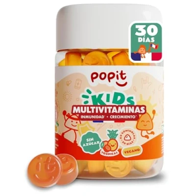 Imagen de POP IT Multivitaminas Niños (+3 años) y Adolescentes 1 Mes, 60 Gominolas Sin Azucar, Sabor Tropical, Vegano Vitaminas con Vitamina C Niños, A, B, D, E Defensas