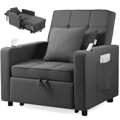 Imagen de Makika Sillón Sofá Cama Tommy 3en1 Plegable con Reposabrazos Respaldo Ajustable 2 Cojines Portavasos hasta 150 kg Tumbona Reclinable Relax en Gris Oscuro