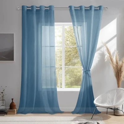 Imagen de DWCN Sheer Cortina de Gasa Transparente con Ojales, 2 Piezas, para salón, habitación bebé, Dormitorio, Azul Oscuro, 240 x 140 cm (Alto Ancho)