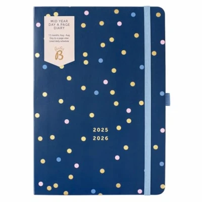 Imagen de Busy B A5 Day a Page Diary Mid Year Academic Planner Aug &#039;25 &#039;26 Navy Spot Journal Cover with Planner, Pen Loop, Notes, Timetables &amp; Elastic Closure