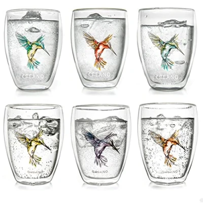 Imagen de Creano Vasos de doble pared hummi, latte macchiato, vaso termo con colibrí, 250 ml, en los colores azul, rojo, verde, naranja, morado, amarillo Set 6 piezas (paquete 1)