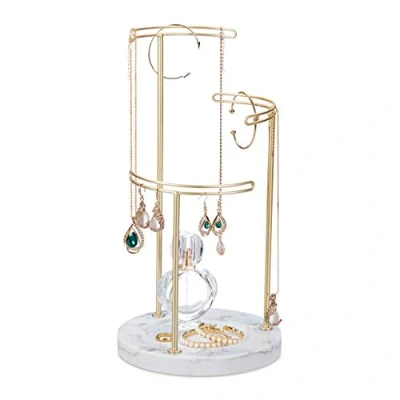 Imagen de Relaxdays Organizador Joyas, Base Mármol, Joyero de pie, Collares, Pendientes, Pulseras, 3 Barras Metal, 35x18cm, Dorado