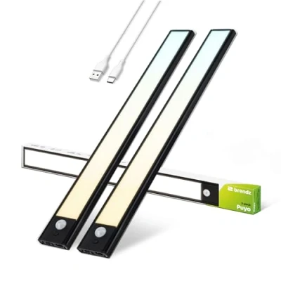 Imagen de Brendz Luz LED Armario con Sensor de Movimiento, Cocina Bajo Mueble, 2 x 40cm, Recargables USB C, 2200mAh, 3 Temperaturas Color, Regulables, Magnético, Barra Cocina, Puyo Negro