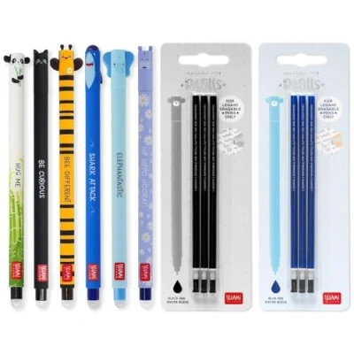 Imagen de LEGAMI Juego de 6 bolígrafos gel borrables + recambios, con tinta borrado termosensible, negra y azul, punta 0,7 mm, diseño panda, gato, abeja, tiburón, elefante e hipopótamo