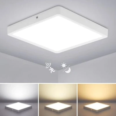 Imagen de Combuh Plafón LED Techo con Sensor Movimiento y Crepuscular, 24W 2400LM Ø30CM Lámpara de Ajustes Tiempo, 3000K 6000K Moderna Cuadrada para Pasillo Garaje Sótano
