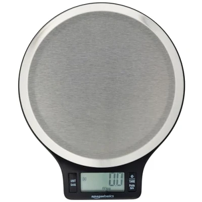 Imagen de Amazon Basics Báscula de Cocina Digital con Pantalla LCD, sin bisfenol A (BPA), Acero Inoxidable (Pilas Incluidas), Negro