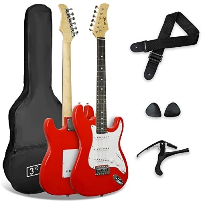 Imagen de 3rd Avenue XF Paquete Básico Para Principiantes De Guitarra Eléctrica 4/4 Tamaño Completo Con Bolsa, Correa, Púas Y Cejilla, Color Rojo