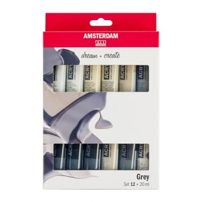 Imagen de Amsterdam Standard Series Set de Pintura Acrílica Gris Tonos Blanco, y Negro (12 x 20 ml) Monocromático