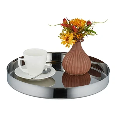 Imagen de Relaxdays Servir Redonda, Bandeja con Borde Alto, Fuente Moderna, Desayuno, Acero Inoxidable, 4 x 35 cm, Plata, Polirresina
