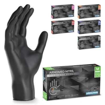 Imagen de ARNOMED guantes nitrilo negro talla M, de nitrilo, caja 100 unidades, negros sin polvo y látex, desechables, mecanico en XS, S, L, XL, XXL