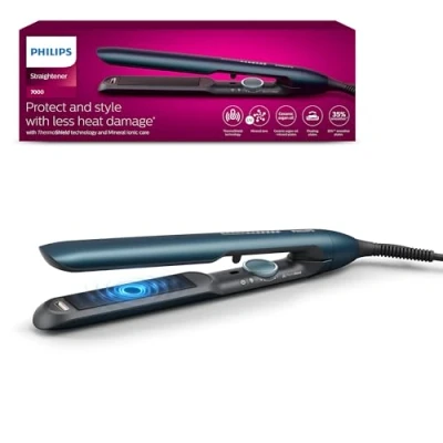 Imagen de Philips Plancha de pelo serie 7000 con tecnología ThermoShield, Iones, Placas 105mm Largo Flotantes Aceite Argan, 50% más rapida, BHS732/00, Azul