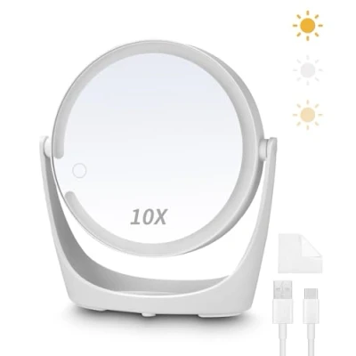 Imagen de Exyvox Espejo Maquillaje, De Aumento con Luz 1X/10X, Led Maquillaje 3 Colores Luz, Brillo Ajustable, Escritorio, Viaje.