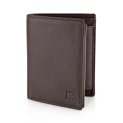 Imagen de KRONIFY Cartera para Hombres Billetera de Cuero Genuino con Protección RFID Compartimento Monedas 13 Compartimentos Tarjetas Costura Reforzada Formato Vertical Marrón Oscuro
