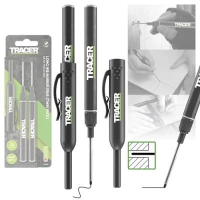 Imagen de Tracer rotuladores de punta larga, para marcar agujeros profundos con funda y clip integrado pantalón/camisa, paquete 2