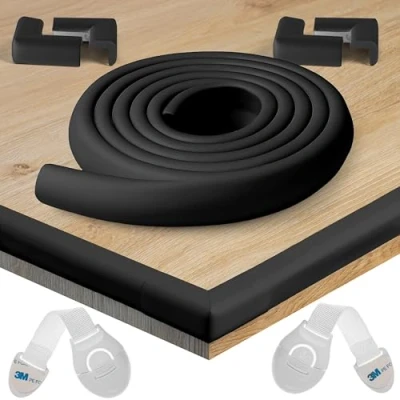 Imagen de HAPPY CHLEA® Kit Protector para Esquinas y Bordes Juego de 4 Cantos Protectores 1 Rollo, Cobertura Total 2,4 M la Seguridad del Niño en Casa + 2 Cierre (Negro)