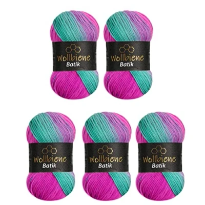 Imagen de Wollbiene Batik 2040 Ovillos de lana para tejer (5 unidades, 100 g, 500 g), multicolor con degradado,