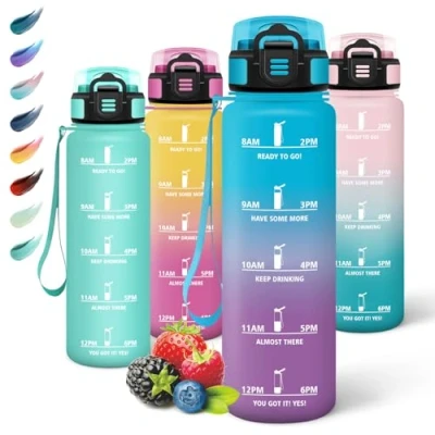 Imagen de Motswedi Botella Agua Gimnasio, 1000ml sin BPA, Agua, Reutilizable, con Marcador de Tiempo, Cantimplora para Oficina, Escuela, Yoga, Azul Violáceo