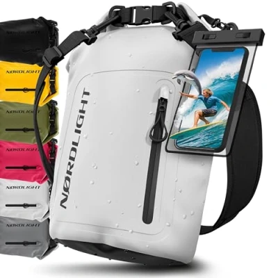 Imagen de Nordlight Bolsa Estanca Impermeable + Funda para Móvil, Cierre Enrollable, Correa Hombro Drybag Mochila Saco Estanco de Transporte Náutica Playa Sup Blanco, 20 litros