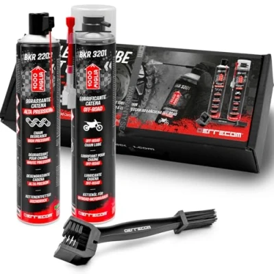 Imagen de ERRECOM 1000 Miglia Clean&amp;Lube Kit Cadena Moto Off Road; Incluye Desengrasante Bote Alta Presión 750mL+ Lubricante Todoterreno 500mL+ Huggie System y Extensión 90+Cepillo+Guantes