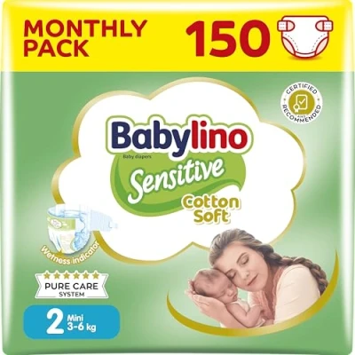 Imagen de Babylino Sensitive Cotton Soft Pañales para bebé, talla 2, Mini (3 6 kg), 150 unidades