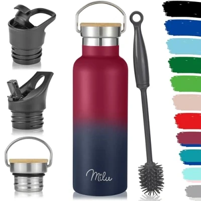 Imagen de Milu Botella de Agua, 500ml, 750ml, 1000ml (+3 Tapas) Acero Inoxidable, Libre BPA, Para Bebidas Calientes, Frías y Carbonatadas (Azul Berry, 500ml)