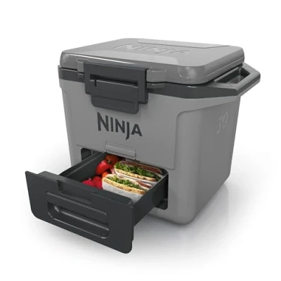 Imagen de Ninja FrostVault Nevera portátil 47 L, caja térmica resistente, mantiene el hielo hasta 6 días, cajón Dry Zone con temperatura de frigorífico, 80 latas capacidad, gris, FB151EUGY