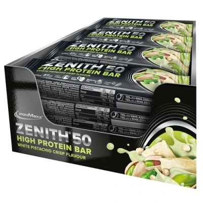 Imagen de IronMaxx Zenith 50 High Protein Bar White Almond Coconut 16 barritas proteicas de 45 g con un 50% proteínas por unidad, snack bajo en azúcares cobertura cremosa
