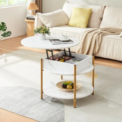 Imagen de [en.casa] Mesa de Centro Kandas Baja Redonda con Tablero Elevable Compartimento Interno y Estante Mueble Auxiliar Mesita para Salón 70 x 49 cm Efecto mármol Blanco