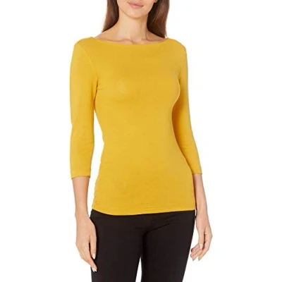 Imagen de Amazon Essentials Camiseta de Manga 3/4 y Escote Barco Corte Estrecho Mujer, Dorado, M