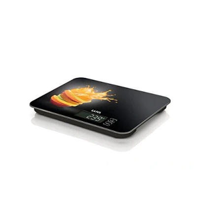 Imagen de Balanza de cocina digital Laica KS5015 diseño negro orange, pesa máximo 15 kg, en vidrio templado. Función TARA.