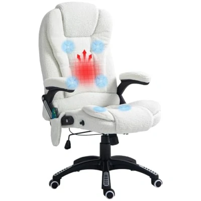 Imagen de Vinsetto Silla de Masaje con 6 Puntos Oficina Giratoria Escritorio Función Calefacción Altura Ajustable Control Remoto y Reposacabezas Tejido Borreguillo Blanco