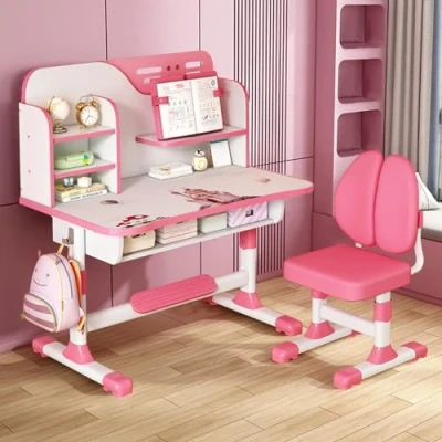 Imagen de joukares juego de escritorio y silla estudio para niños, ergonómica, altura ajustable, sillas mesa escolar con patrón astronauta, soporte libros cajón