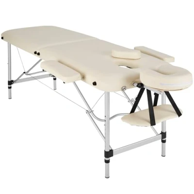 Imagen de tectake® Camilla Masaje Plegable, Profesional Fisioterapia, Quiromasaje, Tatuajes, Reiki, Estética de Aluminio, Ajustable en Altura, 2 Zonas, con Bolsa Transporte beige