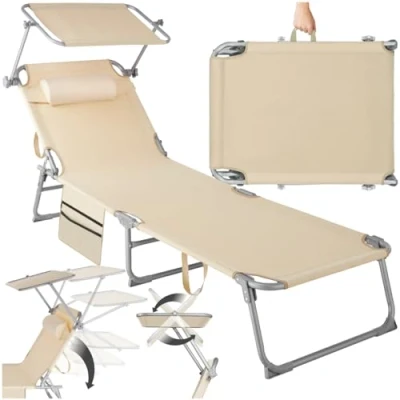 Imagen de TecTake® Tumbona Jardín Exterior de Acero, Plegable con Reposacabezas, Parasol y Bolsillo Lateral, Playa Reclinable 6 Posiciones, Piscina Resistente a Intemperie Beige