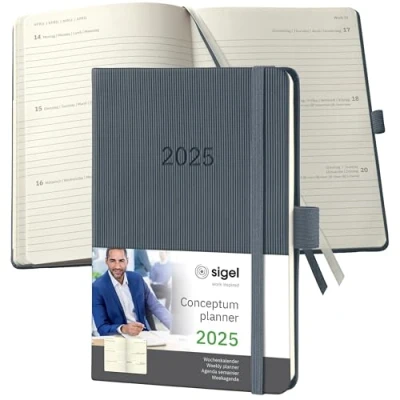 Imagen de SIGEL C2567 Conceptum Agenda semanal 2025, aprox. A6, gris oscuro, tapa dura, dos páginas = una semana, 176