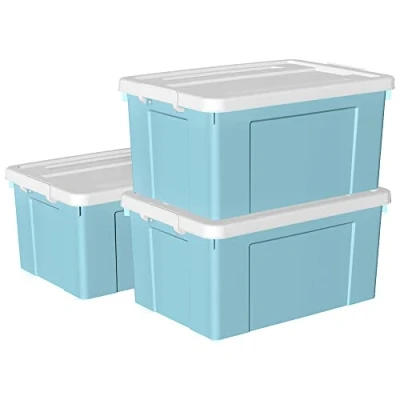 Imagen de Cetomo 65L*3 Caja de Almacenamiento con Ruedas, Plástico Tapa y Cierre Seguro, Contenedor Grande, Duradera, Apilable, Resistentes, Azul, Paquete 3 65L
