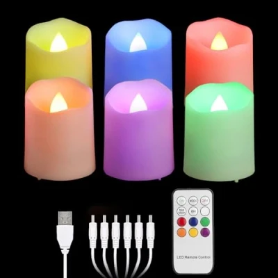 Imagen de FREEPOWER 6 Velas de Té LED Recargables USB Colores con Mando a Distancia Temporizador Parpadeantes, Eléctricas RGB, Decoración para Navidad Halloween Fiesta Familiar, diámetro 4 x 4.5cm