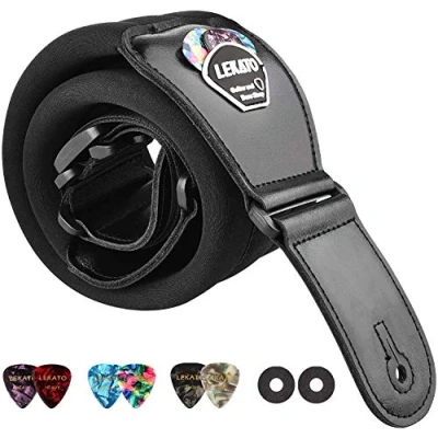 Imagen de LEKATO Correa de guitarra acolchada con extremos cuero genuino Correas hombro cómodas 3 pulgadas ancho Longitud ajustable 45 &quot;a 55&quot; para guitarras eléctricas bajas 6 púas