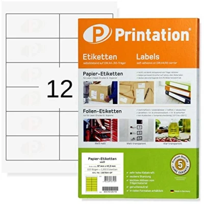 Imagen de Printation Etiquetas adhesivas 97 x 42,3 mm, autoadhesivas blanco, 300 labels/pegatinas en 25 hojas A4 97x42,3 2x6 27 stickers por hoja de dirección universales 4623 5056 3659 4781