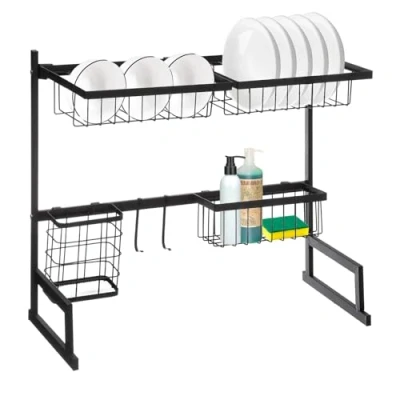 Imagen de Avilia Escurreplatos Organizador para Fregadero de Apoyo con portaherramientas y portavasos, Ideal Vasos Platos Tazas 5 Compartimentos Negro 2 Niveles, Metal 51,5 x 30 58